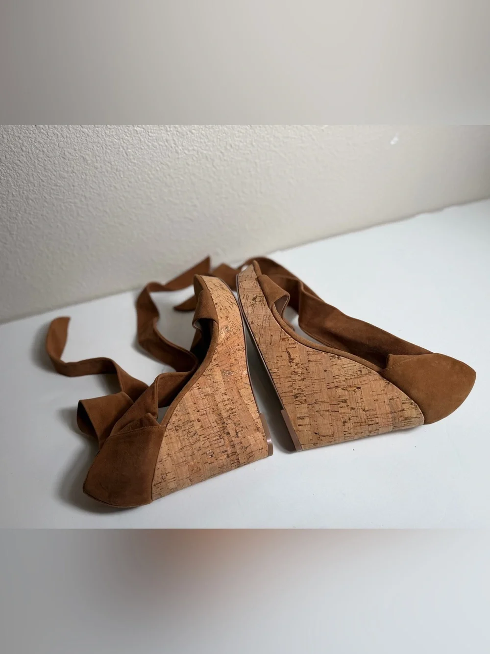 Saks Fifth Avenue~Cognac~Suede Leather Wrap~Cork~Wedge~Platform~Sandal~Size 9.5